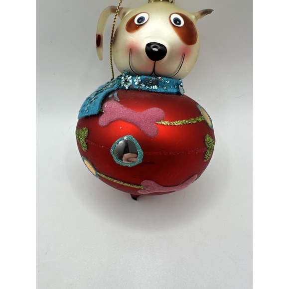 VTG Glass Puppy Dog Christmas Ornament Red Glitter Sweater Heart Bone Design - Picture 3 of 11